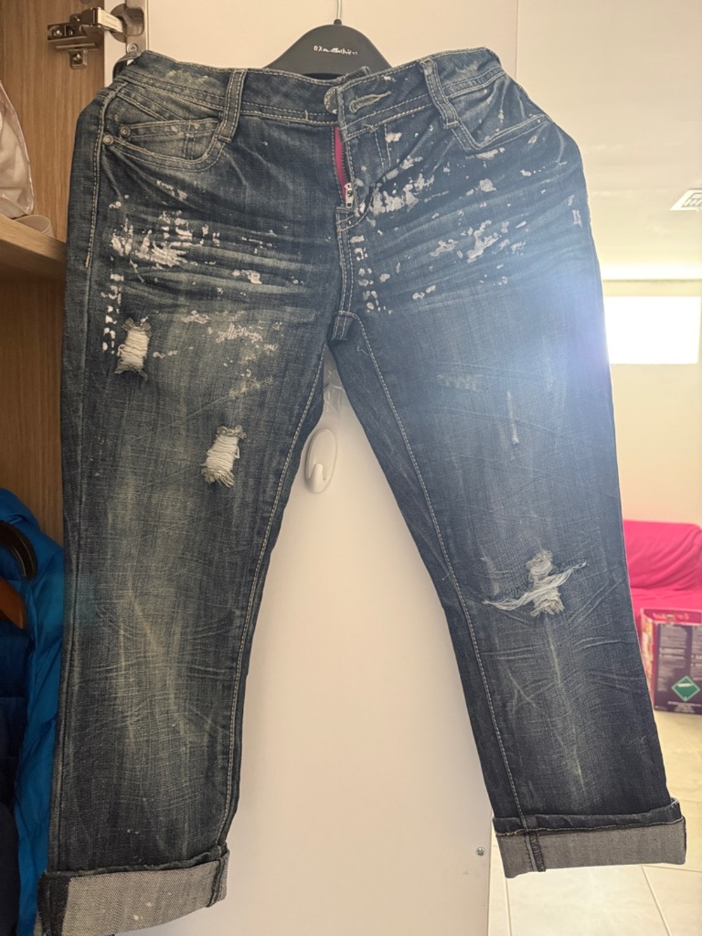 Almost Famous Distressed Dark Blue Boyfriend Jeans with Paint-Splatter